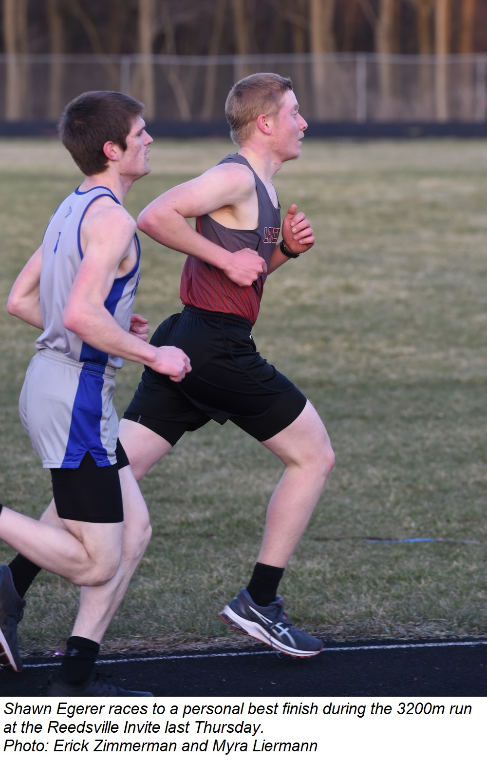 Shawn Egerer races to a personal best finish during the 3200m run at the Reedsville Invite Thursday.