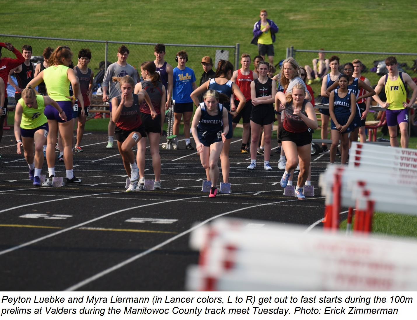 Peyton Luebke and Myra Liermann get out to fast starts at the start of the 100m prelims Tuesday in Valders.