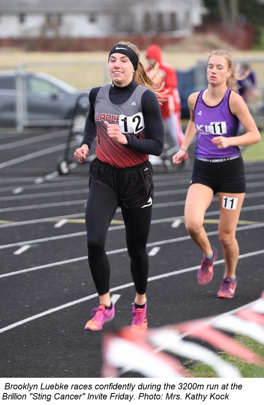 Brooklyn Luebke races confidently in the 3200m at the Brillion Invite Friday.