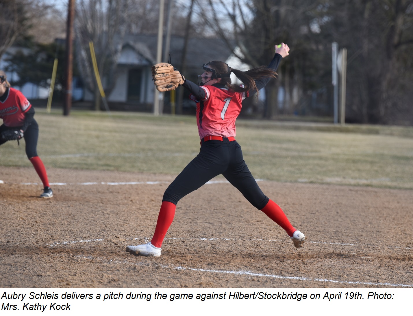 Aubry Schleis makes a pitch during the game against Hilbert/Stockbridge on April 19th.