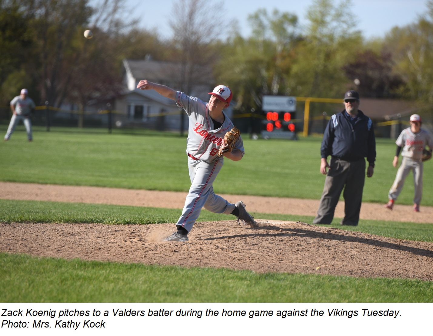 Zack Koenig pitches to a Valders batter during the Lancers' home baseball game Tuesday.