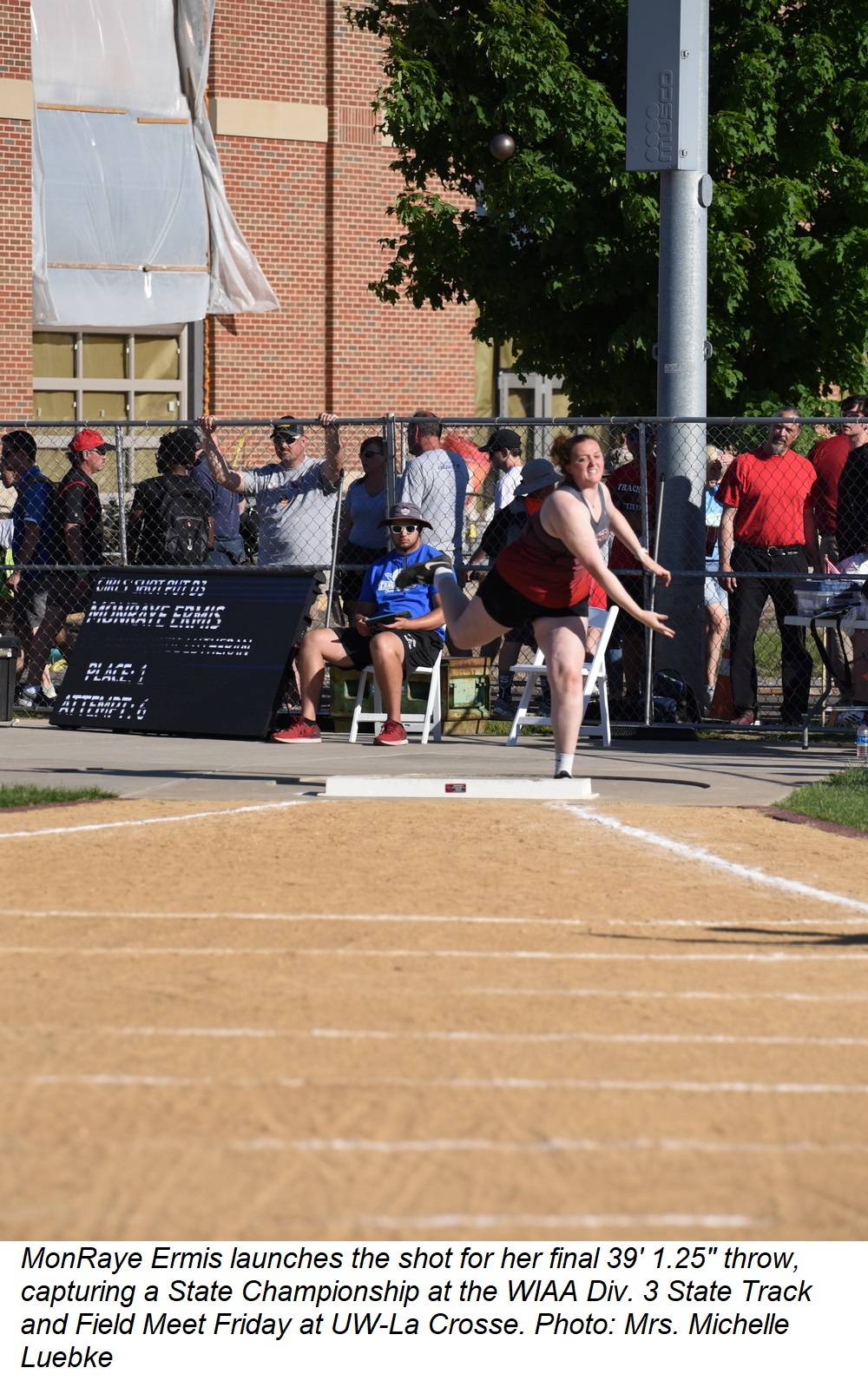 MonRaye Ermis launches the shot for her final 39' 1.25" throw to win the state championship Friday at UW-La Crosse.