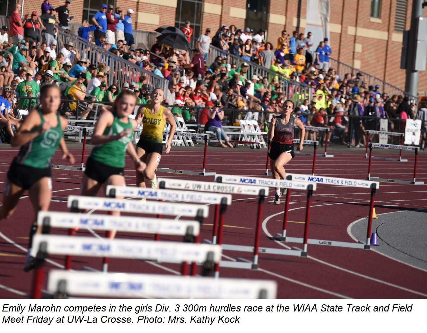 Emily Marohn competes in the 300m hurdles Friday at the State Track and Field Meet.